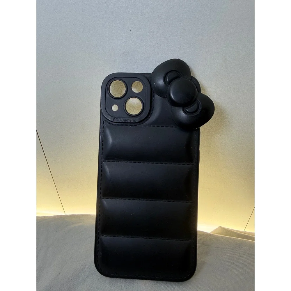 Black Puffer Phone Case with 3D Bow Detail for iPhone 13 Matte Finish